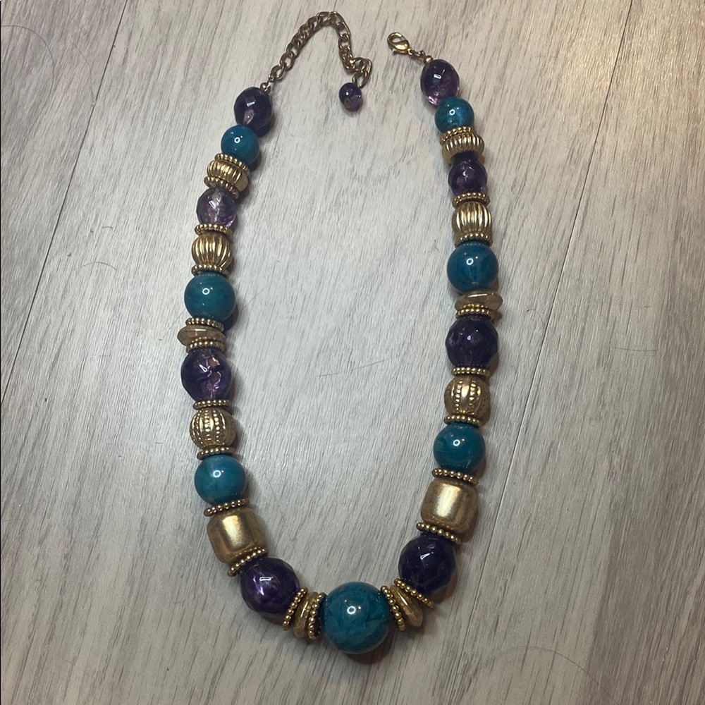 Chunky Bold Gold and Purple Beaded Costume Necklace